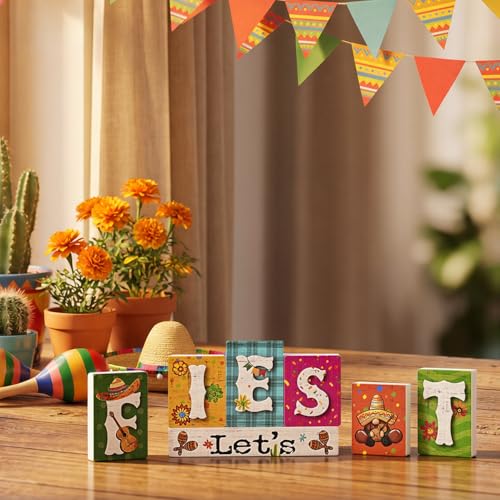 Smile Let's Fiesta Wooden Letter Block Set, 7-Piece Mexican Fiesta Tabletop Decor for Cinco De Mayo Party & Tiered Tray Display - style: Fiesta