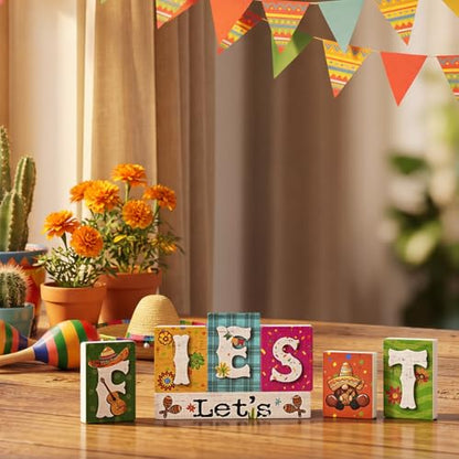 Smile Let's Fiesta Wooden Letter Block Set, 7-Piece Mexican Fiesta Tabletop Decor for Cinco De Mayo Party & Tiered Tray Display - style: Fiesta