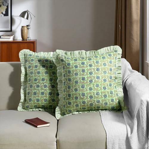 Ridhi Apple Green Block Print Ruffle Pillow Covers 18x18 Inch Set of 2 - color: Apple Green Floral, size: 18" x 18" (Pack of 2)