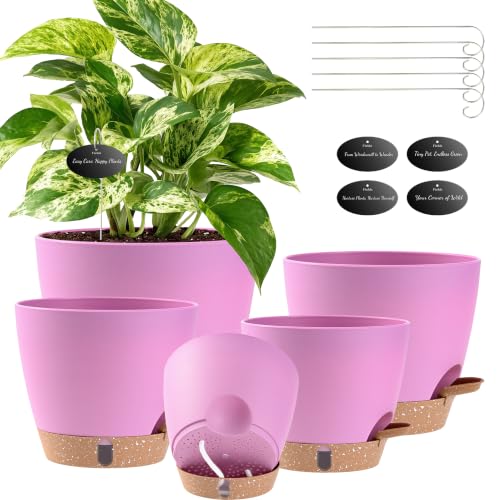 Self Watering Pots for Inoor Ourdoor Plants 8/7/6.5/6/5 Inch, 5 Pack - color: Pink, size: 8/7/6.5/6/5 Inch