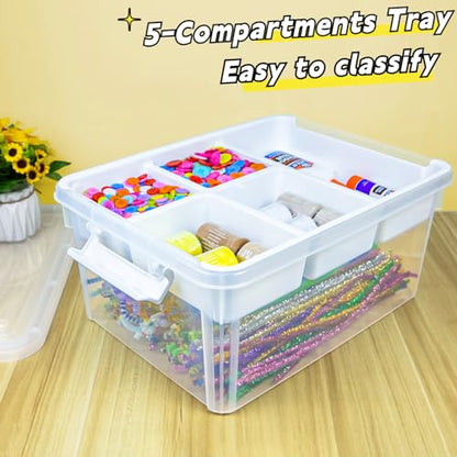 Creahaus 17 Quart Plastic Storage Box with Removable Tray Durable Craft Organizers and Storage Stackable Storage Container for Organizing Bead, Art, Sewing, Playdoh (Clear)