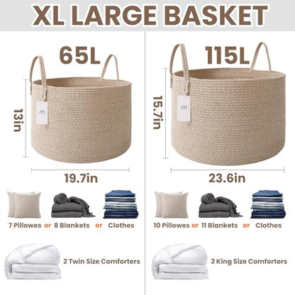 JMvicyroam 115L Extra Large Machine Washable Cotton Rope Blanket Basket - color: Oatmeal, size: 115L
