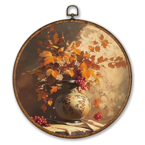 Voxitura Vintage Fall Floral Wall Art Round Framed, Farmhouse Maple Flower Wall Decor Canvas Hanging Living Room, Autumn Botanical Paintings Prints Artwork Decorations for Bedroom Thanksgiving 10x10in - color: Fall Leaf