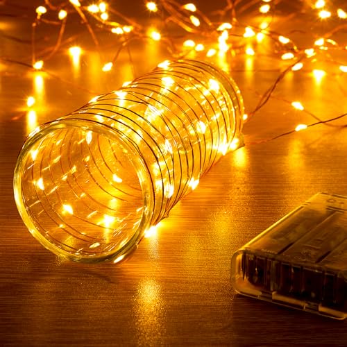 Ariceleo 1 Pack 16.4ft Battery Operated String Lights with Timer, Warm White with Synchronized Twinkle Mode, Fairy Lights Battery Powered, 50 LEDs, Idea for Christmas Bedroom Party Wedding - color: Warm White, size: 1 Pack-Upgrade