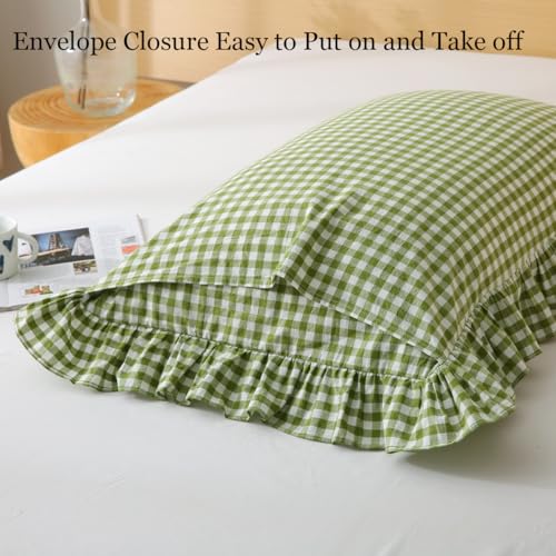 Silnuo Olive Green/White Gingham Ruffle Pillow Covers Queen Size 20"x30" - color: Green/White, size: Queen (20" x 30") - Set of 2