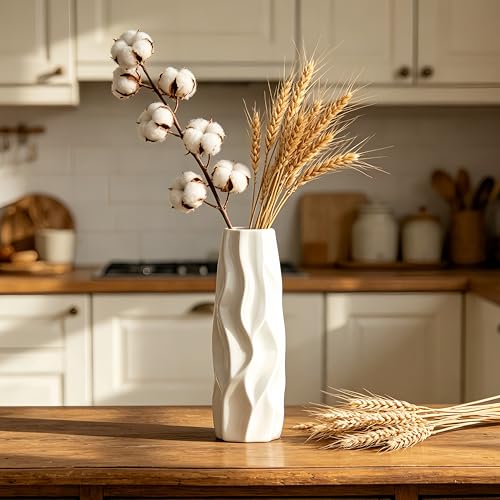 White Ceramic Flower Vase, 12 Inch, Pleated Wave Design
