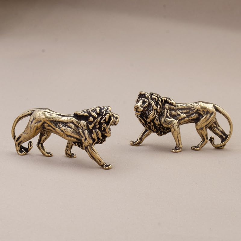 2Pcs Brass Lion Statue Decor, Retro Mini Copper Lion Statue Home Decoration for Living Room and Desk, Outdoor Pond Garden Lawn Decor Landscaping, Landscape Animal Statue