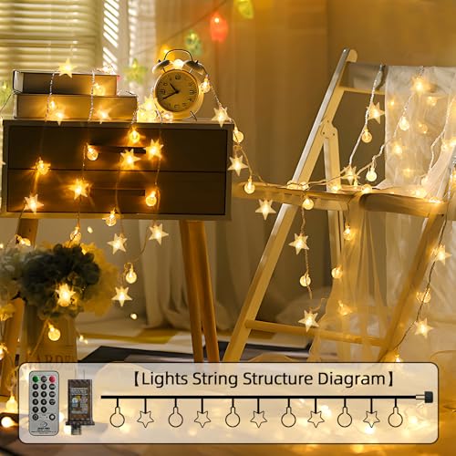 Crystal Globe & Star String Lights Plug in - 72 FT 160 LED Star Fairy String Lights with Remote Control Timer Waterproof Indoor Outdoor Hanging Globe Lights for Bedroom Wedding Party Patio Warm White