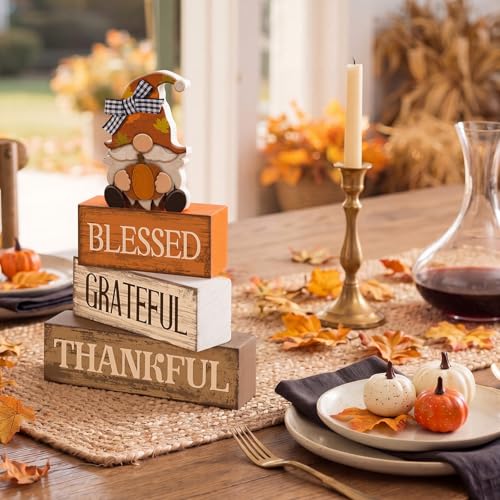 Lineshading 4 Pcs Thanksgiving Table Decor, Blessed Gnome Wooden Block Sign - style: Blessed Gnome