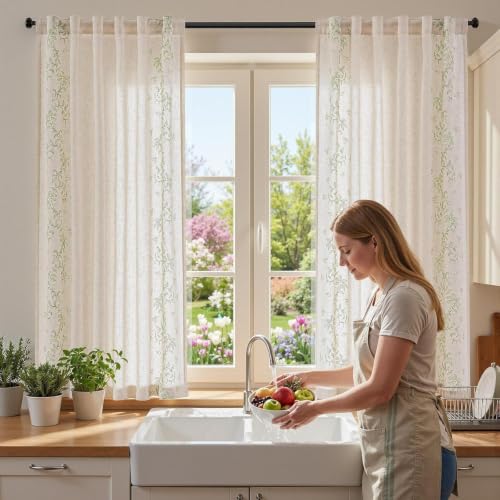 jinchan Floral Linen Curtains, Back Tab 50x63 Inch, 2 Panels Sage - color: Vine | Sage, size: 50"W x 63"L (Pack of 2)