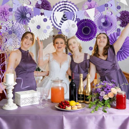 24 Pcs Purple Birthday Decorations Kit, Paper Fans Pom Poms Banner 8-16 in - color: Purple, Lavender, White