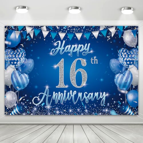 16th Anniversary Backdrop,Blue Silver 16th Wedding Anniversary Background - color: Blue, size: 16th