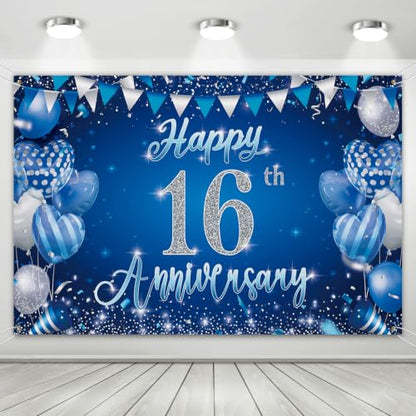 16th Anniversary Backdrop,Blue Silver 16th Wedding Anniversary Background - color: Blue, size: 16th