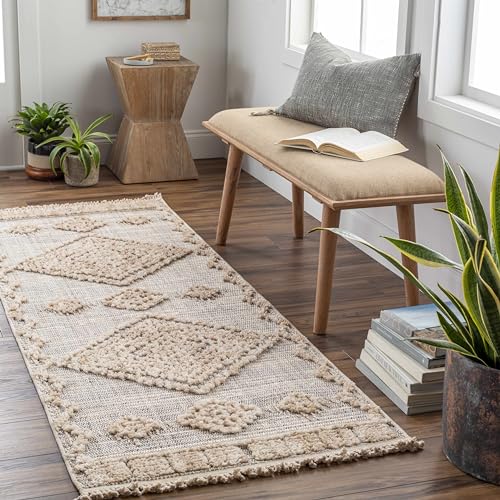 Hauteloom Aria Modern Moroccan Medallion Farmhouse Hallway, Entryway Runner Rug - High Low - High Pile Long Carpet - Cream, Beige, Brown, Beige - 2'7" x 7'3" - color: Charcoal, Cream, Beige / Ampusungan, size: 2'8" x 7'3" (Runner)