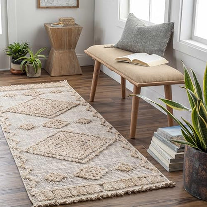 Hauteloom Aria Modern Moroccan Medallion Farmhouse Hallway, Entryway Runner Rug - High Low - High Pile Long Carpet - Cream, Beige, Brown, Beige - 2'7" x 7'3" - color: Charcoal, Cream, Beige / Ampusungan, size: 2'8" x 7'3" (Runner)