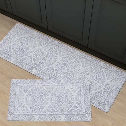 FRESHMINT 2 Piece Set Boho Kitchen Mats for Floor Bohemian Distressed Anti Fatigue Kitchen Rugs Vintage Farmhouse Cushioned Kitchen Runners for Standing Waterproof & Non-Skid Comfort, Gray - color: Boho - Gray