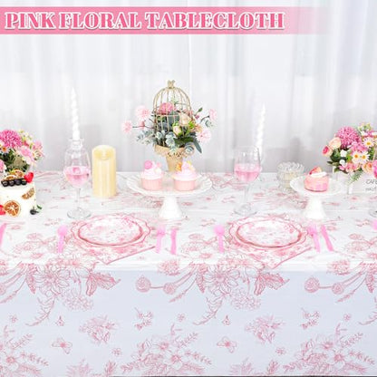 3 Pcs Pink Floral Plastic Tablecloths, Disposable Wedding Table Cloth - color: Pink Floral