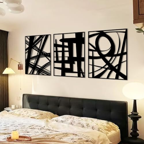 WINUSD 3Pcs Abstract Black Metal Wall Art, 3D Textured Metal Wall Decor, Modern Hollow Out Design Metal Wall Sculptures, Minimalist Line Art Home Decor for Living Rooms Offices Restaurants(16in x 11in)