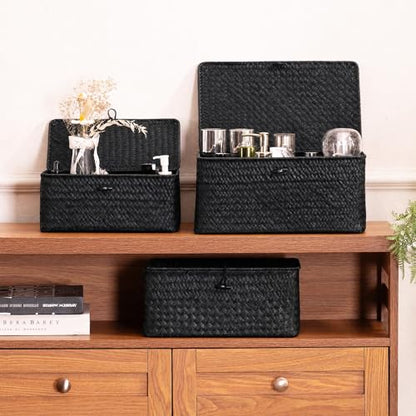 Nonam Wicker Storage Basket with Lid,Seagrass Shelf Basket Set of 3,Black - color: Standard Black* Set of 3