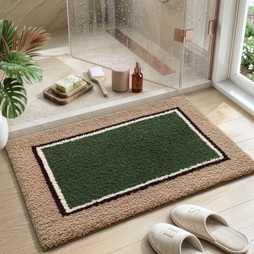 DEXI Bathroom Rugs 24x16, Soft Absorbent Bath Mat, Beige and Green - color: Beige and Green, size: 24" X 16" (Rectangular)
