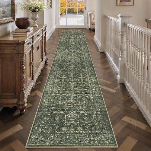 2x12 Washable Kitchen Runner Rug Soft Vintage Dark Green Throw Carpet - color: Dark Green, size: 2' x 12' (Runner)