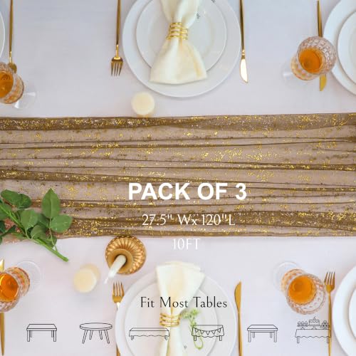 Snowkingdom 3Pcs 10Ft Coffee Gold Gauze Sheer Table Runner - color: Coffee Gold, size: 10FT/3Pcs