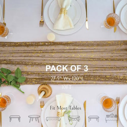 Snowkingdom 3Pcs 10Ft Coffee Gold Gauze Sheer Table Runner - color: Coffee Gold, size: 10FT/3Pcs