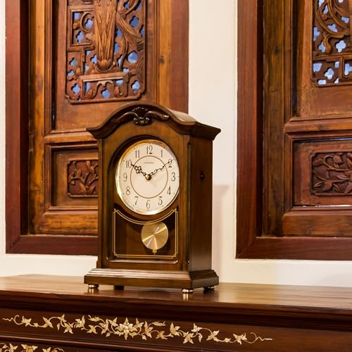 DODEKA Wooden Mantel Clock TCW004DB Pendulum Carved Case Hourly Chime Classic Melody Antique Style for Fireplace, Table, Bedroom, Living Room