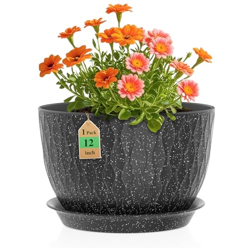 WSMKSZ 12 Inch Wide Water Ripples Flower Pots for Indoor or Outdoor Plants, Large Plant Pots with Drainage Holes & Saucer, Plastic Planters Set for Garden & Home Decor (Black with White Speckles) - color: Black With White Speckles