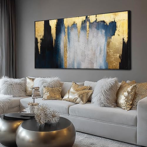 Framed Blue Gold Abstract Canvas Wall Art for Living Room 24x48 Inch - color: Blue and Gold, size: 48"L x 24"W