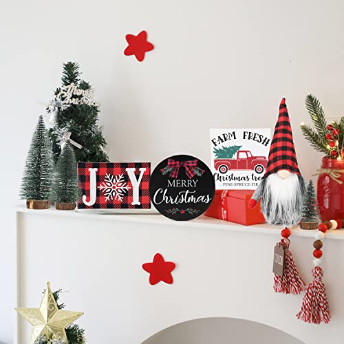 Christmas Tiered Tray Décor Set of 7, Merry Christmas Farm Fresh Truck, Joy Wood Sign Buffalo Plaid Gnome Plush and Trees, Farmhouse Table Home Party Shelf Fireplace Mantel Decor