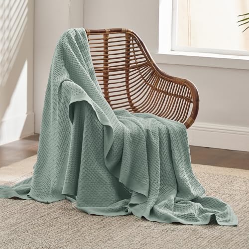 Bedsure 100% Cotton Throw Blanket for Couch, Waffle Weave, Green, 50"X70" - color: 04 Green, size: Throw XL (50" X 70")