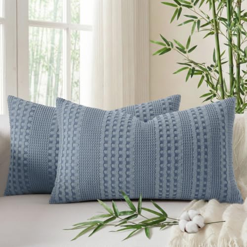 a moment 2 Pack Bamboo Fiber Pillow Covers - Waffle Weave, Ultra Soft & Breathable, Skin-Friendly Cotton Throw Pillow for Couch, Sofa, Bedroom Living Room 12x20 Inch Blue - color: Blue, size: 20" x 12" (Pack of 2)