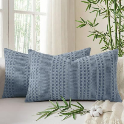 a moment 2 Pack Bamboo Fiber Pillow Covers - Waffle Weave, Ultra Soft & Breathable, Skin-Friendly Cotton Throw Pillow for Couch, Sofa, Bedroom Living Room 12x20 Inch Blue - color: Blue, size: 20" x 12" (Pack of 2)