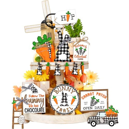 Marsui Easter Tiered Tray Decor Happy Easter Tiered Tray Ornament Rustic Farmhouse Spring Sign Bunny Truck Gnome Egg Wooden Sign for Home Table Decor(Plaid) - style: Plaid