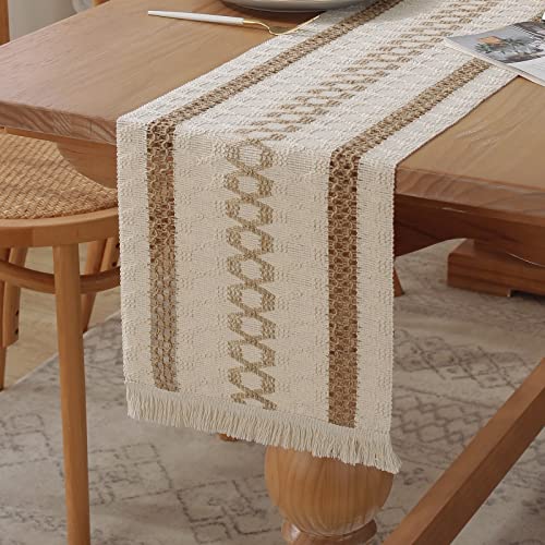 Boho Burlap Macrame Table Runner, Farmhouse Style Cotton Linen Rustic Woven Table Runner with Tassels for Dining, Wedding, Bridal Shower, Bohemian (12x72 inch, Coffee Lines) - color: Coffee Lines, size: 12x72 inch