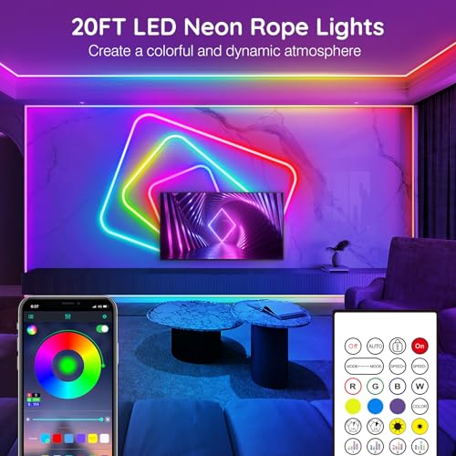 AILBTON 20FT Neon Rope Lights, RGB LED Strip Lights, Waterproof IP67 LED Lights for Bedroom, DIY Design, Music Sync, Remote Control, Multiple Modes for Bedroom - size: 20FT