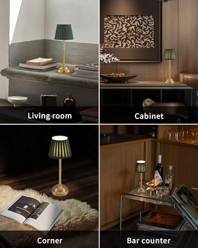 KDG Gold Cordless LED Table Lamps Set of 2, Green Fabric Shade Desk Lamps - color: Gold + Green Lampshade (2 Pack)