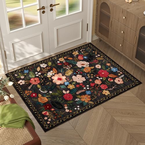 Rugcomf Door Mat Indoor Entrance 2x3 Rug Machine Washable Boho Floral Small Area Rug Non-Slip Low Pile Throw Rugs for Entryway, Kitchen, Front Door Indoor Entrance, Entry, Kids Room (Black) - color: Black, size: 2' x 3' (Rectangular)