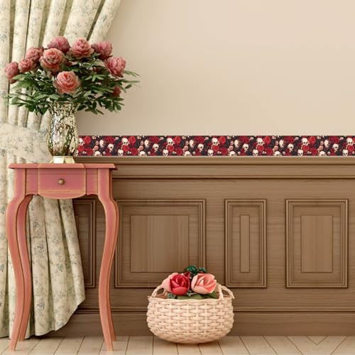 IVN Wallpaper Border Peel and Stick Wall Skull and Rose Floral 4x196 Inch - color: Halloween Skull Rose
