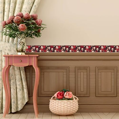 IVN Wallpaper Border Peel and Stick Wall Skull and Rose Floral 4x196 Inch - color: Halloween Skull Rose