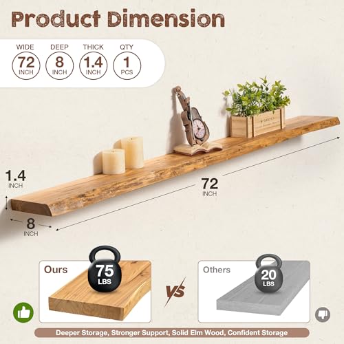 fuqing Live Edge Floating Shelves for Wall, 72 Inch Solid Elm Wood Shelves - color: Natural Elm Live Edge - 8"d, size: 72"L - 1Pack