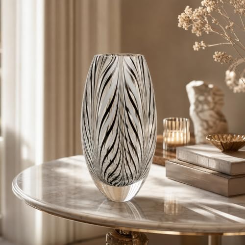 Murano Style Glass Vase Hand Blown Black and White Feather Pattern Effect - color: Black and White