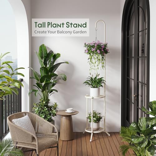2-Tier Plant Stand With Hanging Hook, Metal Standing Plant Hanger, White - color: White