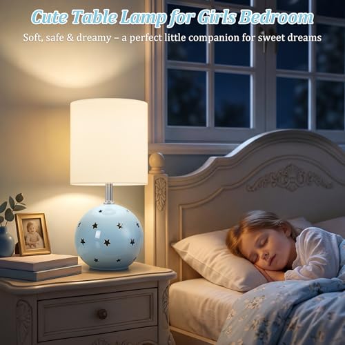 Small Table Lamp, 14" Blue Ceramic Bedside Lamp for Girls Kids Bedroom,Dorm - color: Blue