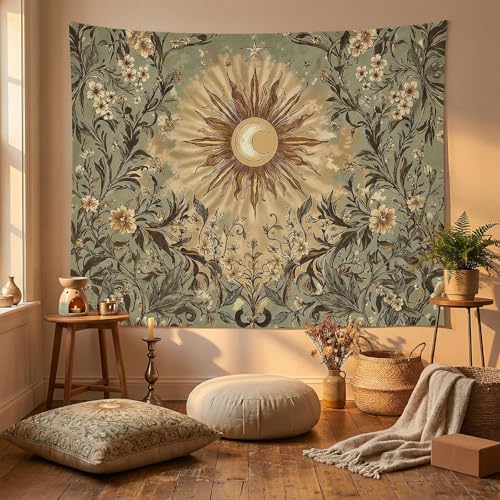 Spenlife Vintage Sun and Moon Tapestry, Retro Sage Green Floral Wall Decor, Mystical Celestial Wall Hanging for Living Room (80" x 60") - color: Sage Green, size: 80"L x 60"W
