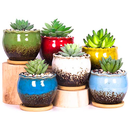 Succulent Pots, 4 Inch Small Plant Pots with Drainage Tray Set of 6 - color: Blue/Green/Red/White/Yellow/Light Blue - 4 Inch