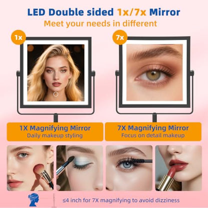 Ruacq Makeup Mirror with Lights 1X/7X Height Adjustable Matte Black - color: Matte Black - 7x