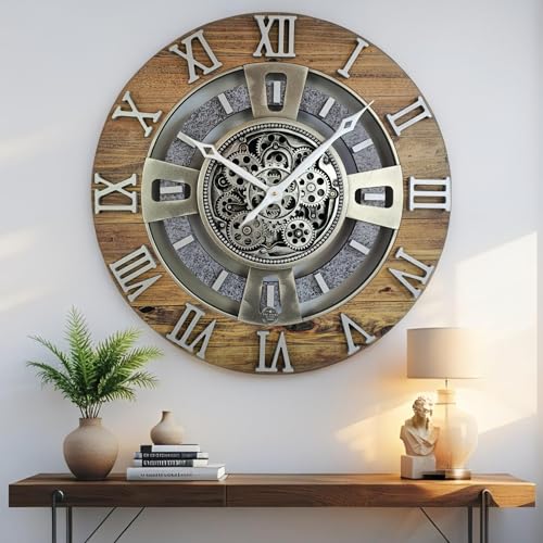 ImprovingLife The Gears Clock Real Moving Gear Wall Clock England Line (Wood & Stone, 24 inches (60 cm)) - color: Wood & Stone, size: 24 inches (60 cm)