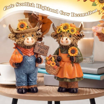2 Pcs Fall Highland Cow Figurines Gifts, Resin Table Decor - style: Hello Fall